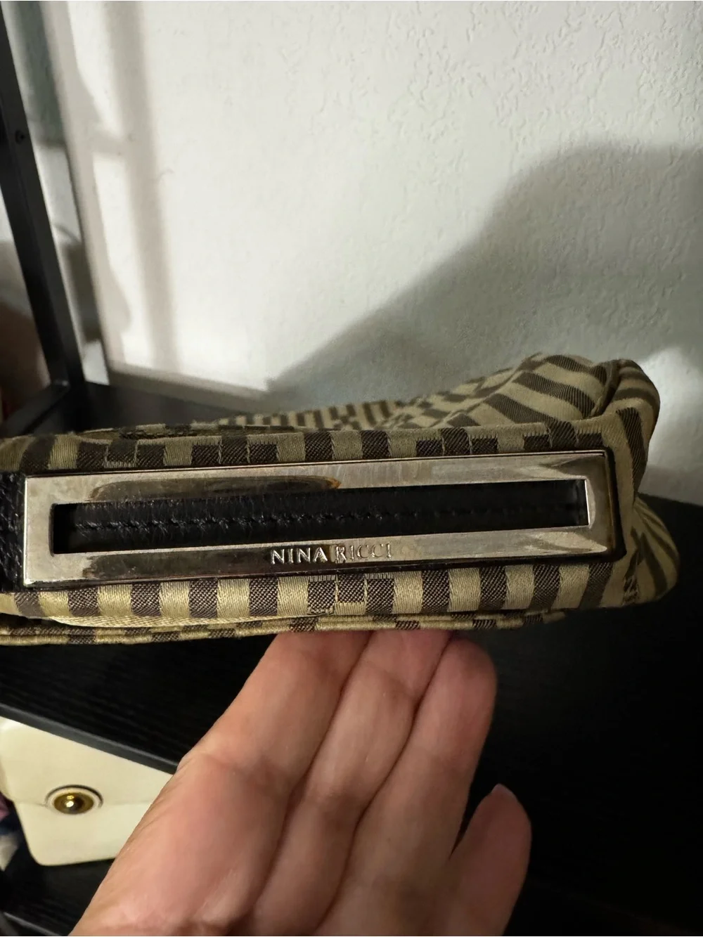 Nina Ricci Beige & Brown Logo Shoulder Bag with Black Strap